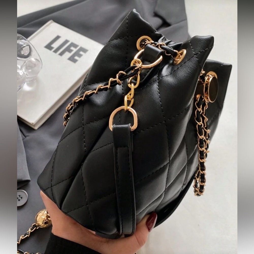 Black Quilted Mini Bucket Bag with Gold Chain Accent - Picture 9 of 13